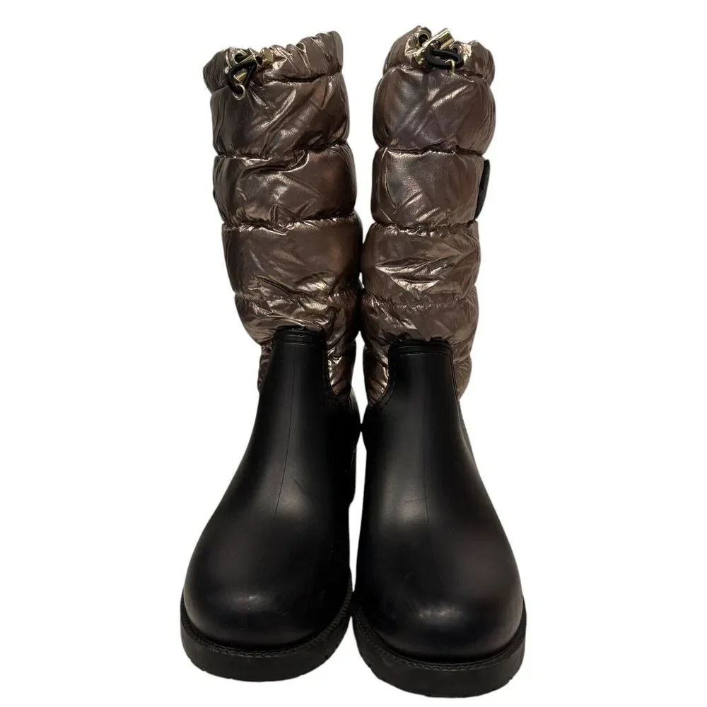 Moncler Black Rubber Boots with Metallic Taupe Quilted Shaft